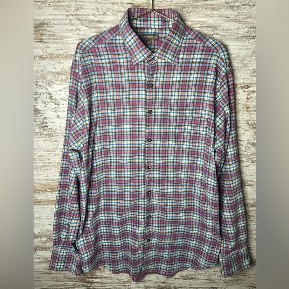 Peter Millar Crown Sport soft button down short plaid purple blue white Sz large